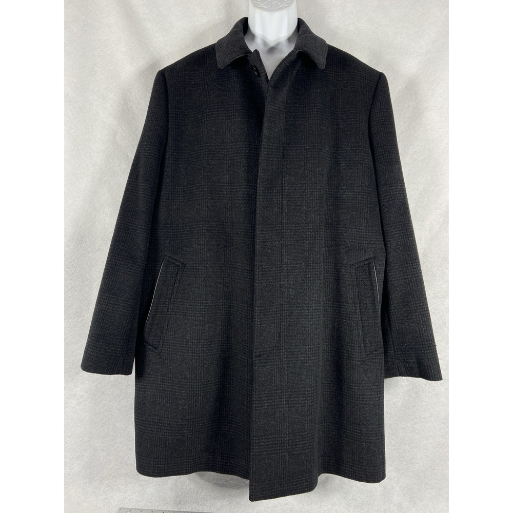 Hart Schaffner Marx Trench Coat Mens 46R Charcoal Overcoat Wool Blend Plaid‎